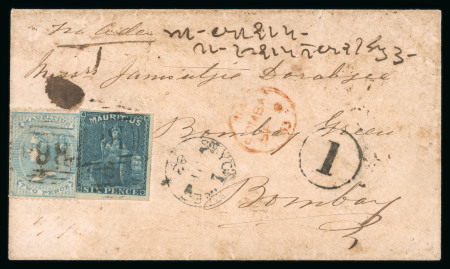 Stamp of Mauritius » Mauritius Used in Seychelles (B64) 1863 (Aug) envelope from Seychelles to India with 1859-61