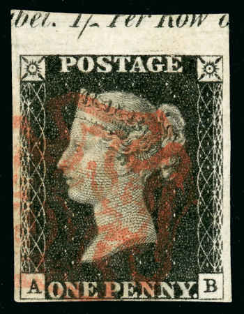 Stamp of Great Britain » 1840 1d Black and 1d Red plates 1a to 11 1840 1d black pl.6 AB, top sheet marginal inscriptional used single