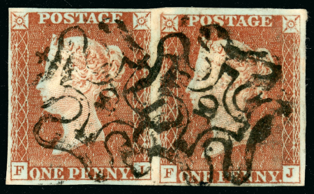 Stamp of Great Britain » 1840 1d Black and 1d Red plates 1a to 11 Plate 9 FI-FJ, red printing from "black plate", with  two clear strikes of the London "10" in MC