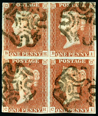 Stamp of Great Britain » 1840 1d Black and 1d Red plates 1a to 11 1840 1d pl.9 BH-CI, red printing from "black plate", block of four plus OJ single