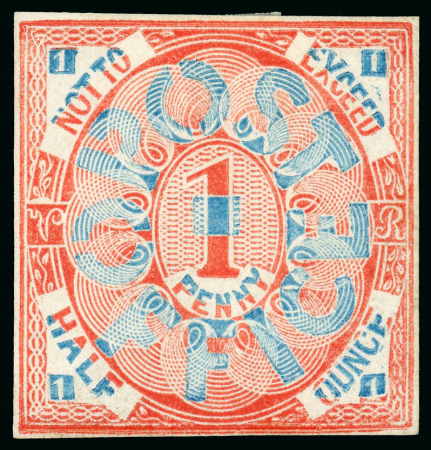 Stamp of Great Britain » Line Engraved Essays, Plate Proofs, Colour Trials and Reprints 1839 Treasury Competition: Charles Whiting "1 Penny Post Office" essay in red and blue