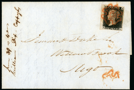 Stamp of Great Britain » 1840 1d Black and 1d Red plates 1a to 11 1840 1d black pl.4 KA, left sheet marginal with large to huge margins, tied to entire sent in Ireland