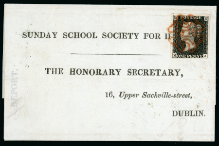 Stamp of Great Britain » 1840 1d Black and 1d Red plates 1a to 11 1840 1d black pl.6 MA, tied to folded pre-printed 1840 Sunday School Society For Ireland