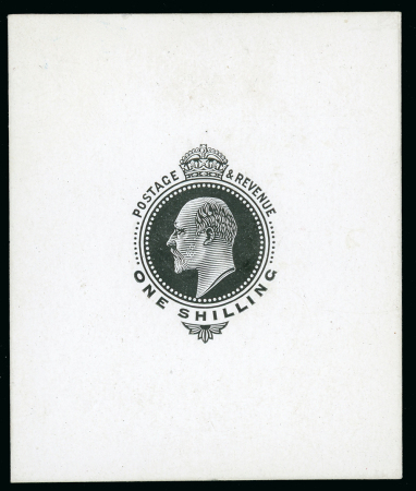 Stamp of Great Britain » King Edward VII 1902 1/- cut down die proof in black on glazed card,