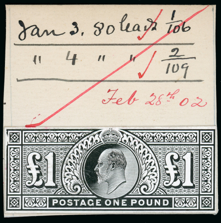 Stamp of Great Britain » King Edward VII 1902 £1 stamp size die proof, in black on glazed card