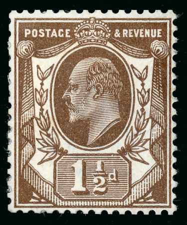Stamp of Great Britain » King Edward VII 1909 (19th March) 1 1/2d. deep-brown perforated colour trial on white gummed crown watermark paper