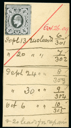 Stamp of Great Britain » King Edward VII 1909 4d. uncleared die proof in black on glazed card