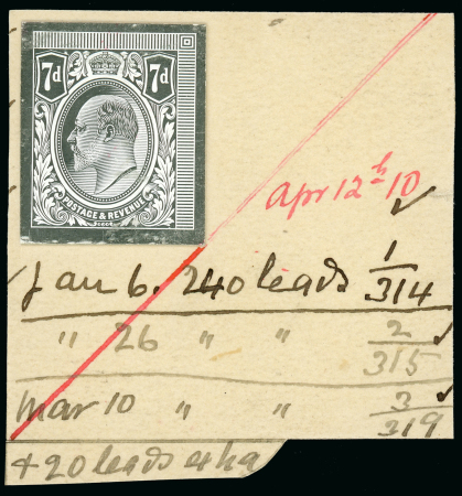 Stamp of Great Britain » King Edward VII 1910 7d. stamp size die proof in black on glazed card