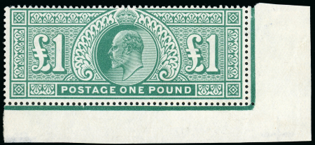 Stamp of Great Britain » King Edward VII » 1902-10 De La Rue Issues 1902 £1 Green, mint example from the lower right corner of the sheet
