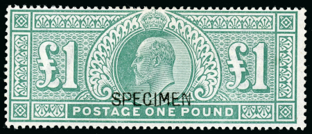 Stamp of Great Britain » King Edward VII » 1902-10 De La Rue Issues 1902 £1 Green, overprinted "SPECIMEN" (type 16) mint
