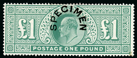 Stamp of Great Britain » King Edward VII » 1902-10 De La Rue Issues 1902 £1 Green, overprinted "SPECIMEN" (horse shoe type 17) mint o.g.