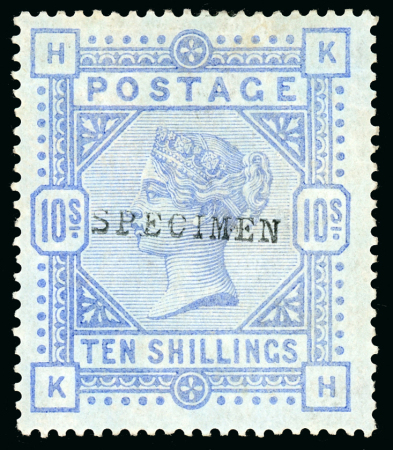 Stamp of Great Britain » 1855-1900 Surface Printed » 1883-84 & 1888 High Values 1883-84 10s Cobalt KH on blued paper, overprinted "SPECIMEN" (type 9), large part o.g.