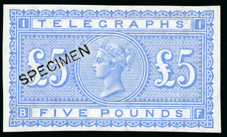 Stamp of Great Britain » Telegraphs 1877 £5 imperforate colour trial in blue, BF, overprinted
