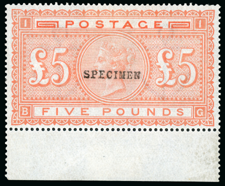 Stamp of Great Britain » 1855-1900 Surface Printed » 1867-83 High Values 1867-83 £5 orange, BG, marginal example from the foot