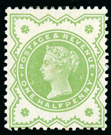 Stamp of Great Britain » 1855-1900 Surface Printed » 1887-1900 Jubilee Issue & 1891 £1 Green 1887 1/2d. perforated 14, colour trial in lime green