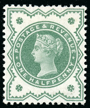 Stamp of Great Britain » 1855-1900 Surface Printed » 1887-1900 Jubilee Issue & 1891 £1 Green 1900 1/2d perf. 14 colour trial in dull blue-green on gummed unwatermarked paper