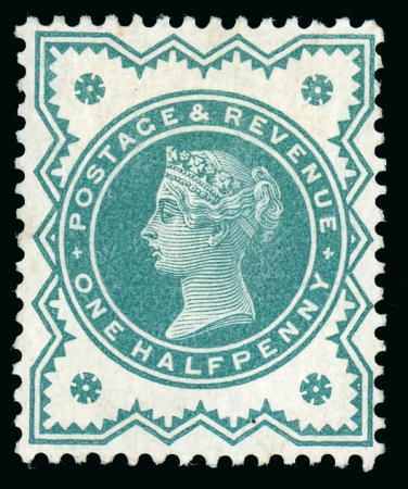 Stamp of Great Britain » 1855-1900 Surface Printed » 1887-1900 Jubilee Issue & 1891 £1 Green 1900 1/2d perforated 14, colour trial in blue-green (issued colour) on gummed unwatermarked paper