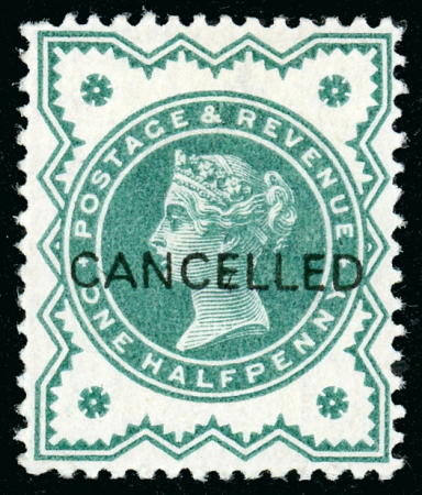 Stamp of Great Britain » 1855-1900 Surface Printed » 1887-1900 Jubilee Issue & 1891 £1 Green 1900 1/2d blue-green, perf. 14, overprinted "CANCELLED" (type 18)