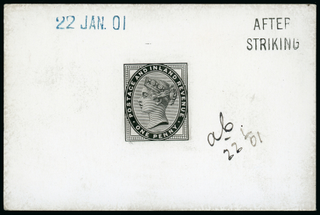 Stamp of Great Britain » 1855-1900 Surface Printed » 1880-81 Provisional Issue and 1881 1d Lilac 1901 1d. die proof of issued design in black on glazed