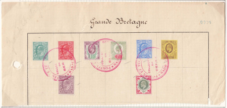 Stamp of Great Britain » King Edward VII » 1902-10 De La Rue Issues 1910 1/2d, 1d, 1 1/2d, 2d, 2 1/2d, 3d, 6d and 1s, also 7d (3) and 4d (3), on archive pieces from the Madagascar UPU collection