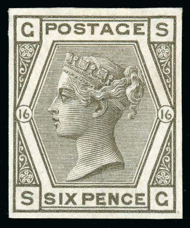 Stamp of Great Britain » 1855-1900 Surface Printed » 1873-80 Large Coloured Corner Letters 1878 6d. Grey, SG, Pl. 16, imperforate imprimatur,