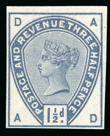 Stamp of Great Britain » 1855-1900 Surface Printed » 1883-84 Lilac & Green Issue 1883 1 1/2d colour trial in blue-grey, AD, large part OG