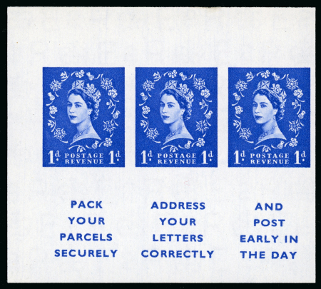 Stamp of Great Britain » Queen Elizabeth II 1955 Wilding 1d ultramarine imperforate top marginal booklet pane of three stamps with printed labels underneath