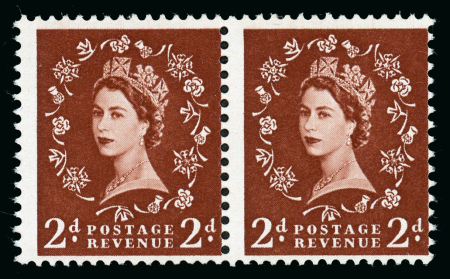 Stamp of Great Britain » Queen Elizabeth II 1958 Wildings 2d red brown "Dollis Hill Phosphor trial" horizontal pair on un-gummed un-watermarked specially prepared hand made paper