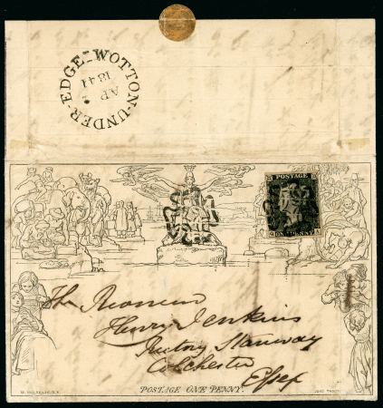 Stamp of Great Britain » 1840 Mulreadys & Caricatures 1841 (2 April) Mulready letter sheet uprated 1d black with with Wotton-Under-Edge Maltese cross