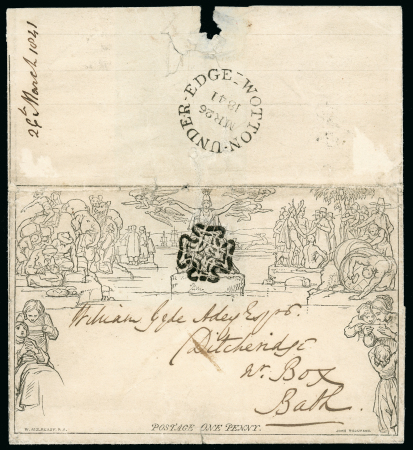 Stamp of Great Britain » 1840 Mulreadys & Caricatures 1841 (26 Mar.) 1d. Mulready letter sheet (A9) to Bath,