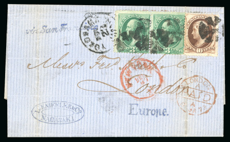 Stamp of Japan » Foreign Post Offices » U.S. Post Office Yokohama. 1871, 10c and 3c (6) on rare forwarded cover from Nagasaki to Yokohama, then to London