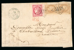 Stamp of Japan » Foreign Post Offices » French Post Office 1871, "Bordeaux" 80c carmine on rose, and  "Napoleon Laurée" 10c pair on cover, with blue Yokohama cds
