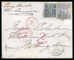 Stamp of Japan » 1874, Cherry Blossoms, Foreign Paper, with syllabics 1875, 20 sen violet syllabic 4 (ni) and 1 sen blue, syllabic 5 (ho), on cover to Great Britain
