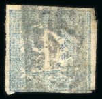 Stamp of Japan » 1871, Dragons mon unit, imperforate 1871, 100 mon grey blue, plate 2, five examples used, mostly with large kensazumi cancellations