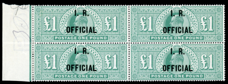 Stamp of Great Britain » Officials Inland Revenue: 1902 £1 dull blue-green I.R. Official, a magnificent mint marginal block of four from the left of the sheet