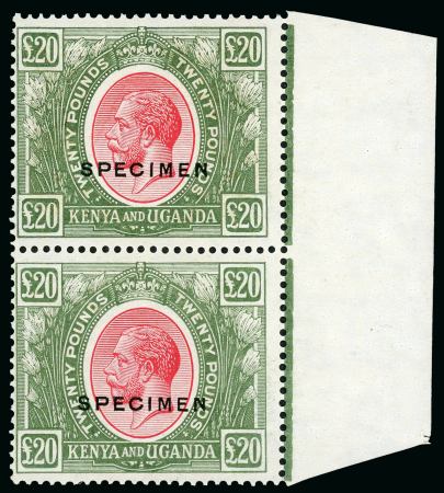 Stamp of Kenya, Uganda and Tanganyika 1922-27 £20 red and green overprinted "SPECIMEN" in mint n.h. vertical pair from the right of the sheet