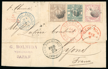 Stamp of Japan » 1875, Bird Design Stamps  1875, 12 sen rose, syllabic 1 (i), together with "Cherry Blossoms" in a three-colour franking