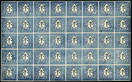 Stamp of Japan » 1871, Dragons mon unit, imperforate 1871, 100 mon blue, plate 1, intermediate printing, complete sheet of 40