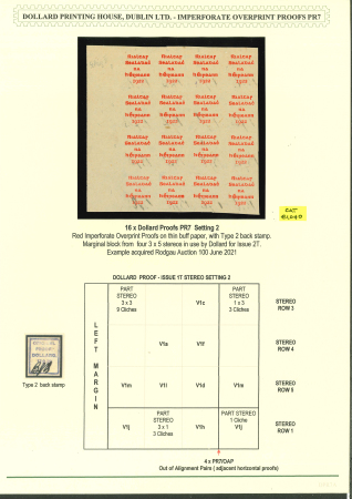 Stamp of Ireland » 1922 Overprint Proofs (PR1-PR29) Proof overprint in red for the 5-line format of the low values: Left sheet marginal block of sixteen of Stereo Setting 2