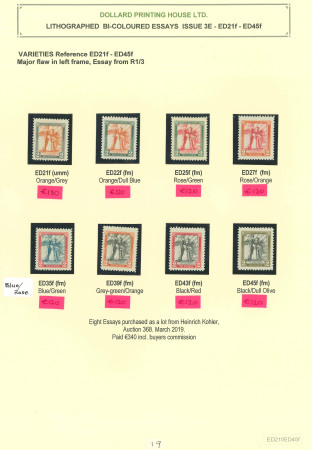 Stamp of Ireland » Essays & Proofs (E1-E167) 1922, Dollard – Lithographed in bi-colour: 2d eight essays all in different shades, all mint and each showing position R1/3 with major retouch