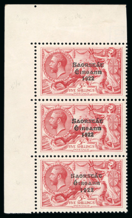 Stamp of Ireland » 1927 Composite Dates Overprints (T69-T71) 5s rose-red, from the broken "S" plate, mint nh upper left corner sheet marginal vertical strip of three