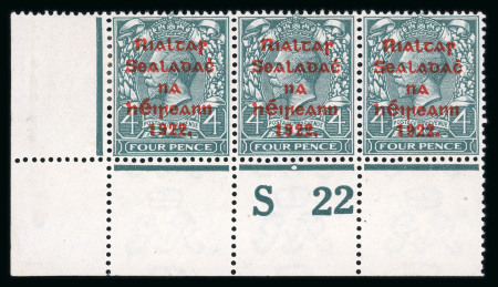 Stamp of Ireland » 1922 (Jul-Nov) Thom Overprints (T25-T41) 4d grey-green, mint lower left corner sheet marginal horizontal strip of three, showing perforated control S22