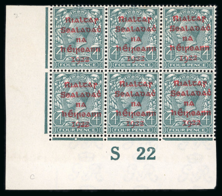 Stamp of Ireland » 1922 (Feb) Dollard Overprints (T1-T14) 4d grey-green, carmine ovpt, mint and mint nh bottom left corner sheet marginal block of six, showing imperforate control S22