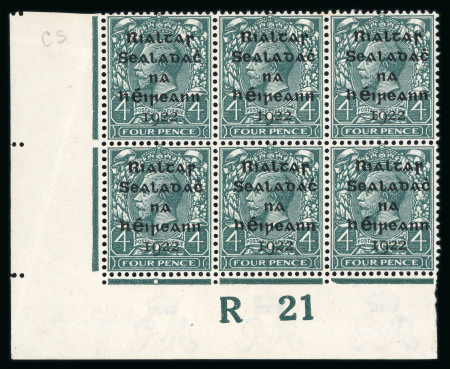 Stamp of Ireland » 1922 (Feb) Dollard Overprints (T1-T14) 4d grey-green, black ovpt, mint and mint nh bottom left corner sheet marginal block of six, showing imperforate control R21