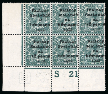 Stamp of Ireland » 1922 (Feb) Dollard Overprints (T1-T14) 4d grey-green, black ovpt, mint and mint nh bottom left corner sheet marginal block of six, showing perforated control R21