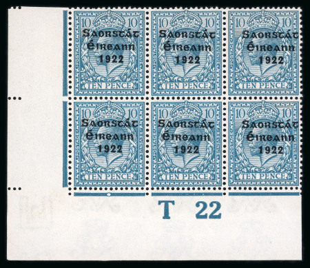 Stamp of Ireland » 1922-23 Thom Three-Line Overprints (T47-T61) 10d turquoise-blue, mint nh bottom left corner sheet