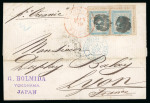 Stamp of Japan » 1876-1899 "Koban" Issues 1877, Old Koban 10 sen blue, an upper right corner-sheet example on cover to France