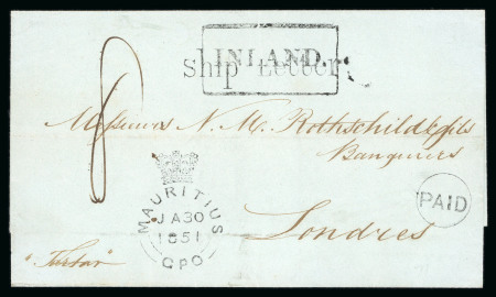 Stamp of Mauritius » Pre-Stamp & Stampless Postal History 1851 (Jan 30) wrapper to England from the Rothschild correspondence with "INLAND", "PAID" and "Ship Letter" hs