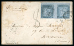 Stamp of Mauritius » 1859 Lapirot Issue » Intermediate Impressions (SG 38) 1859 Lapirot, intermediate impression, pair with close to huge margins, tied by void barred ovals to envelope to France