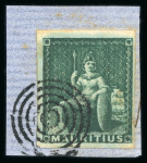 Stamp of Mauritius » 1858-62 Britannia Issues (SG 26-35) 1858-62 Britannia (4d) green, fine to large margins, tied to small piece